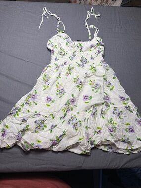 wild fable White Sundress with Purple Floral and Green Leaf Print